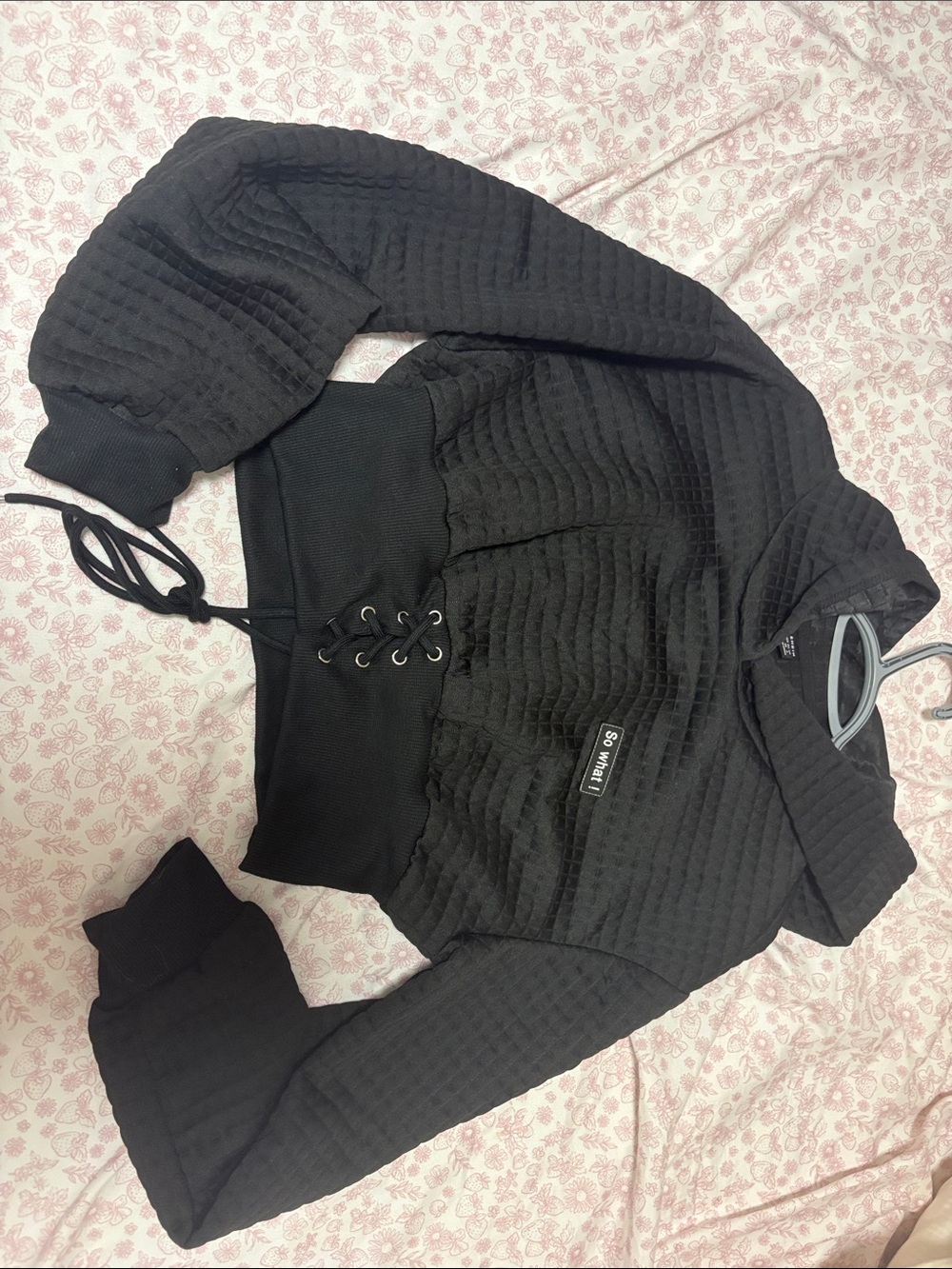 Black Quilted Lace-Up Cropped Hoodie Jacket